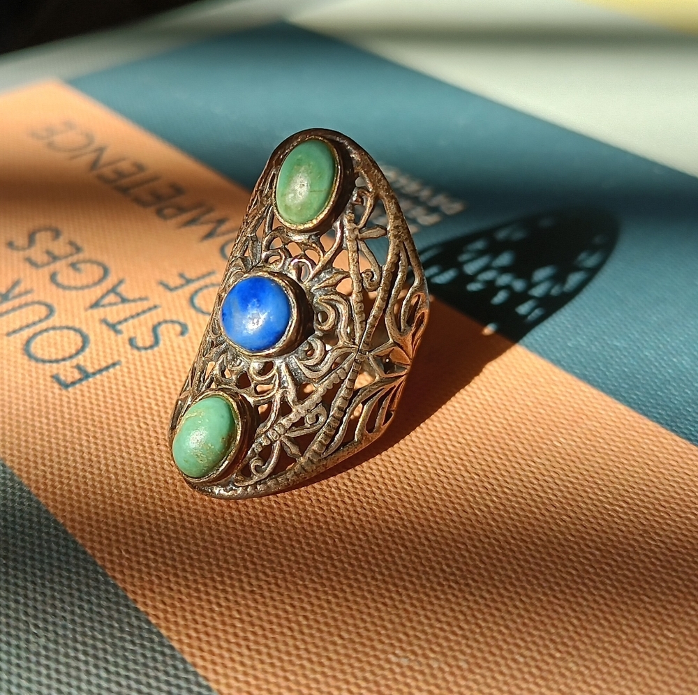 Turquoise and Blue Stone Sterling Silver Ring 6.75